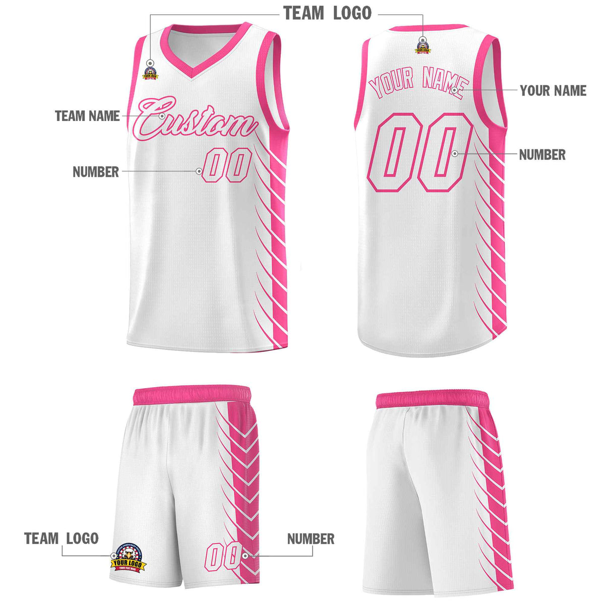 Custom White Pink Personalized Side Symmetrical Line Pattern Sports Uniform Basketball Jersey