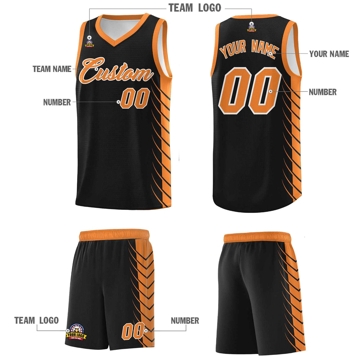 Custom Black Gold Orange Personalized Side Symmetrical Line Pattern Sports Uniform Basketball Jersey
