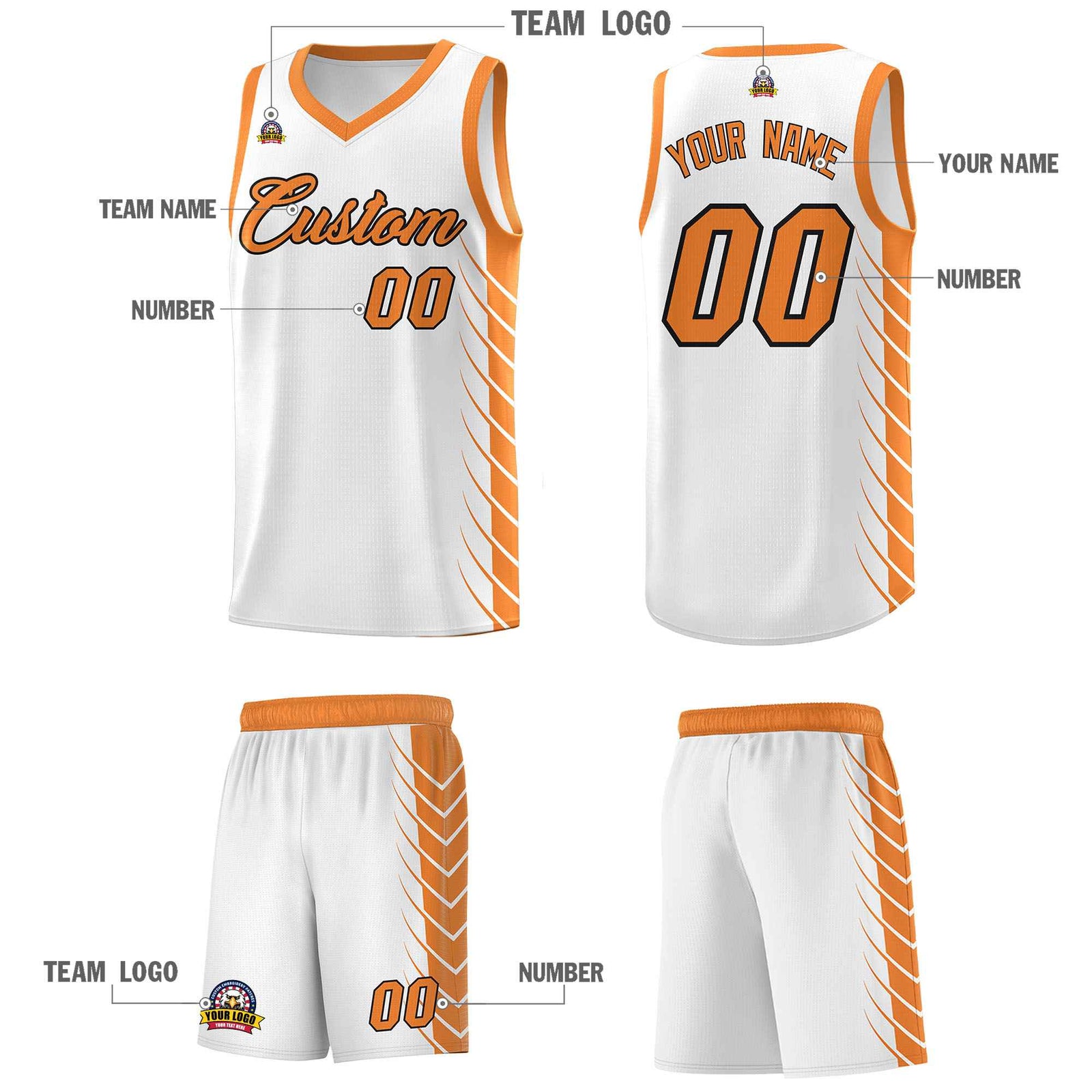 Custom White Gold Orange Personalized Side Symmetrical Line Pattern Sports Uniform Basketball Jersey