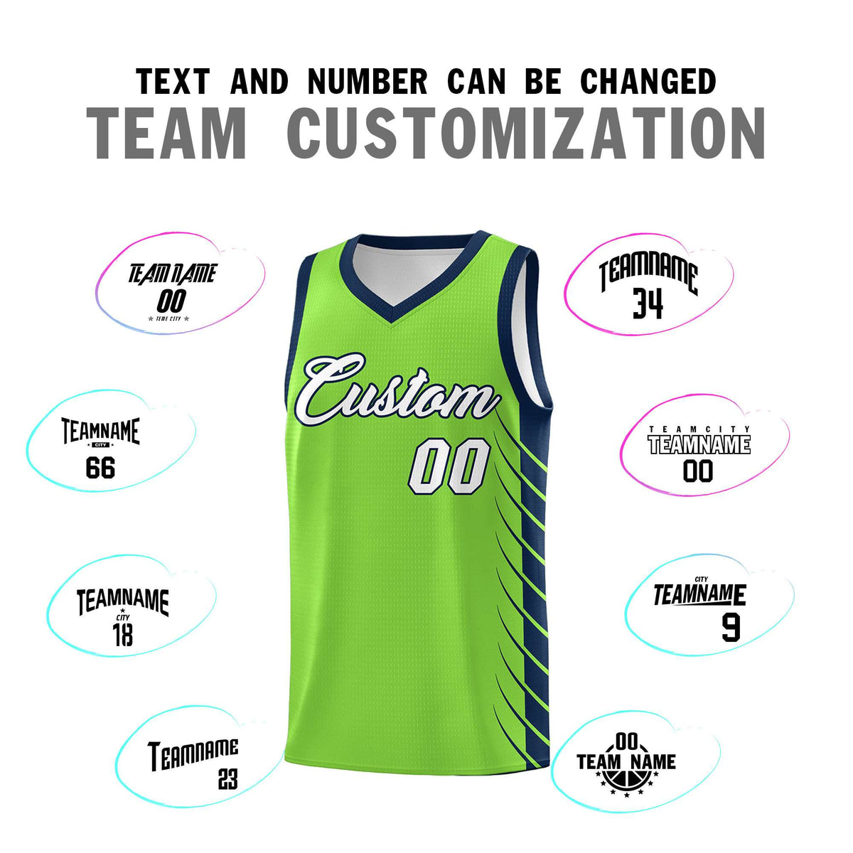 Custom Fluorescent Green Navy Personalized Side Symmetrical Line Pattern Sports Uniform Basketball Jersey