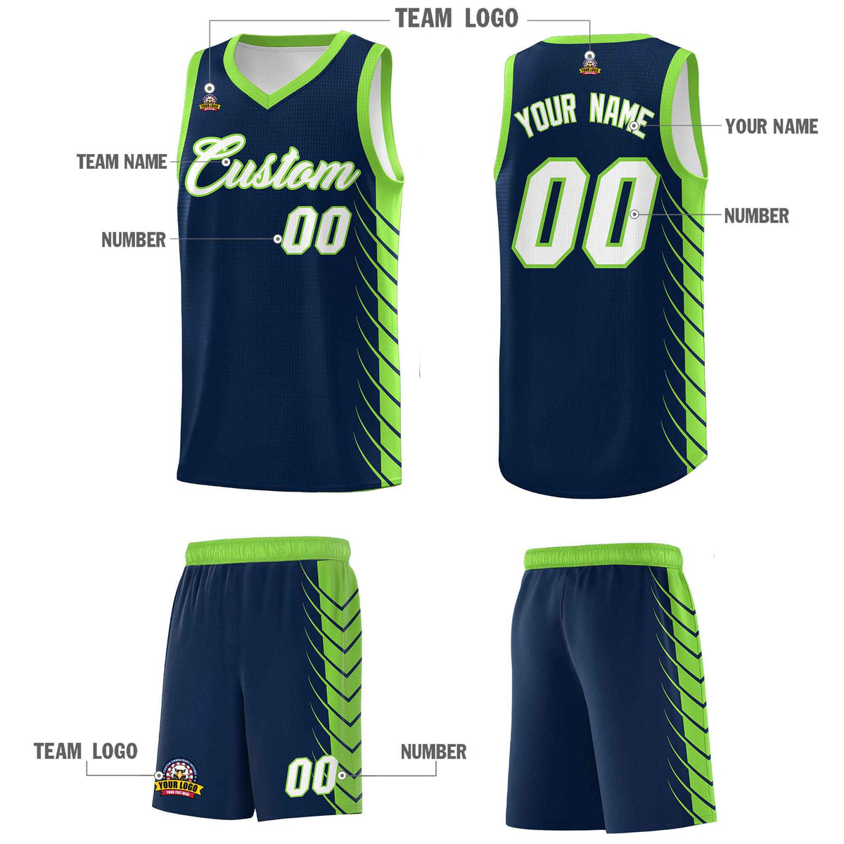 Custom Navy Fluorescent Green Personalized Side Symmetrical Line Pattern Sports Uniform Basketball Jersey