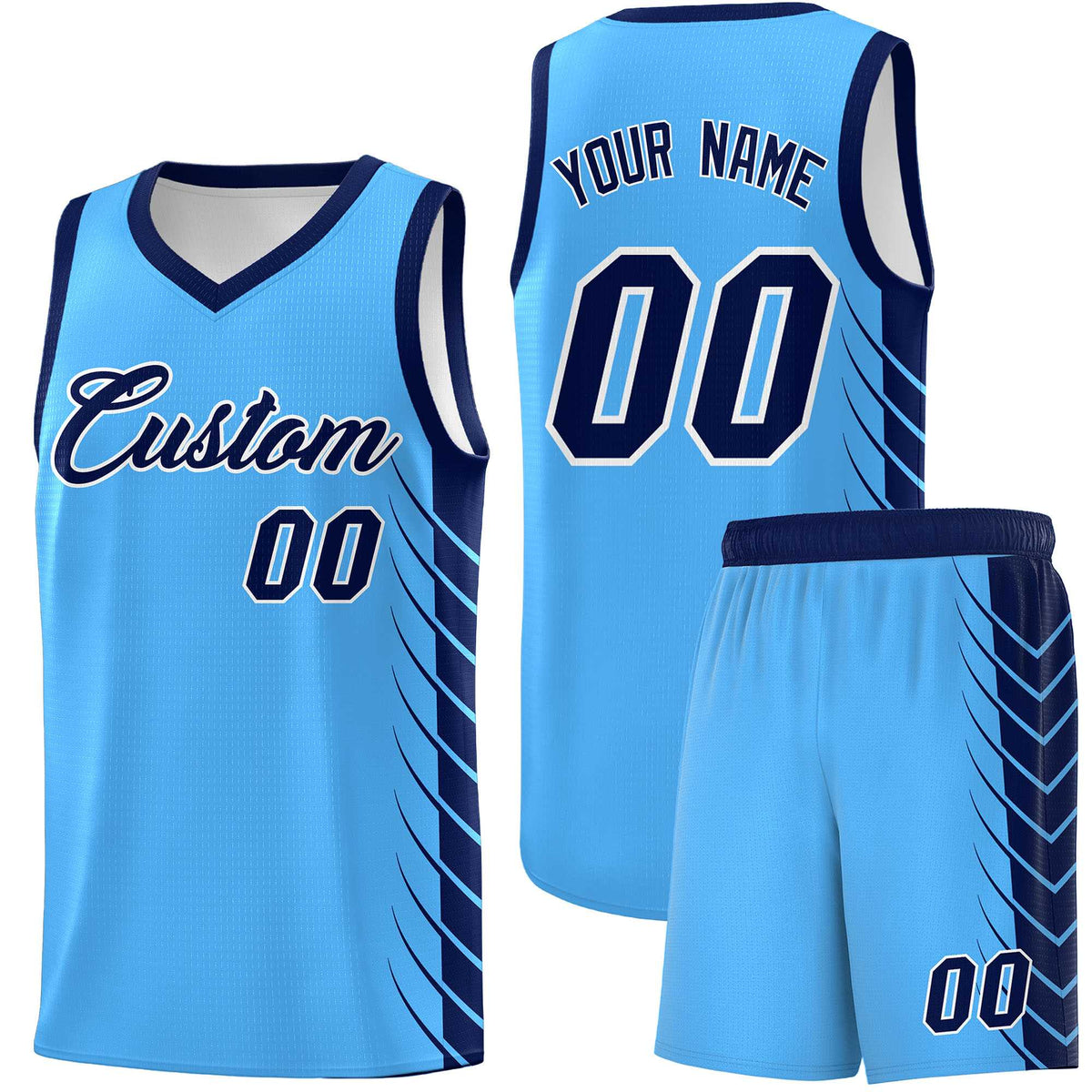 Custom Powder Blue Navy Personalized Side Symmetrical Line Pattern Sports Uniform Basketball Jersey