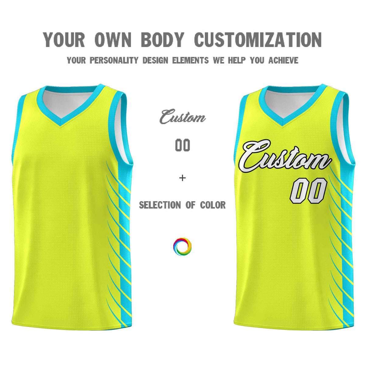 Custom Fluorescent Green Sky Blue Personalized Side Symmetrical Line Pattern Sports Uniform Basketball Jersey