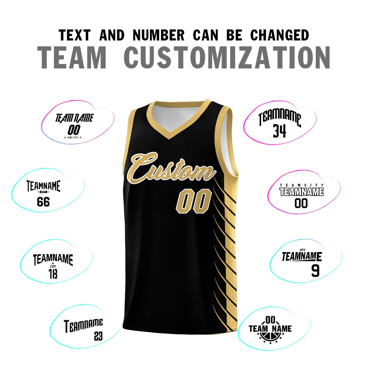 Custom Black Old Gold Personalized Side Symmetrical Line Pattern Sports Uniform Basketball Jersey