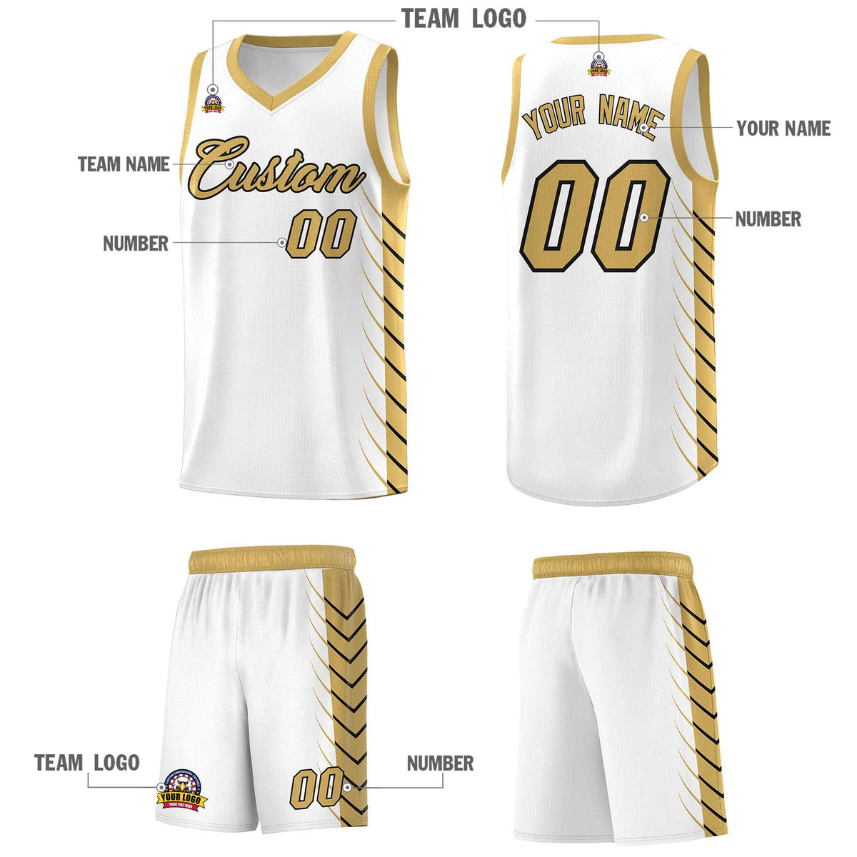 Custom White Old Gold Personalized Side Symmetrical Line Pattern Sports Uniform Basketball Jersey