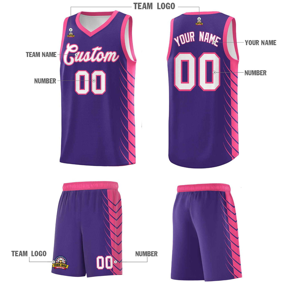 Custom Purple Pink Personalized Side Symmetrical Line Pattern Sports Uniform Basketball Jersey
