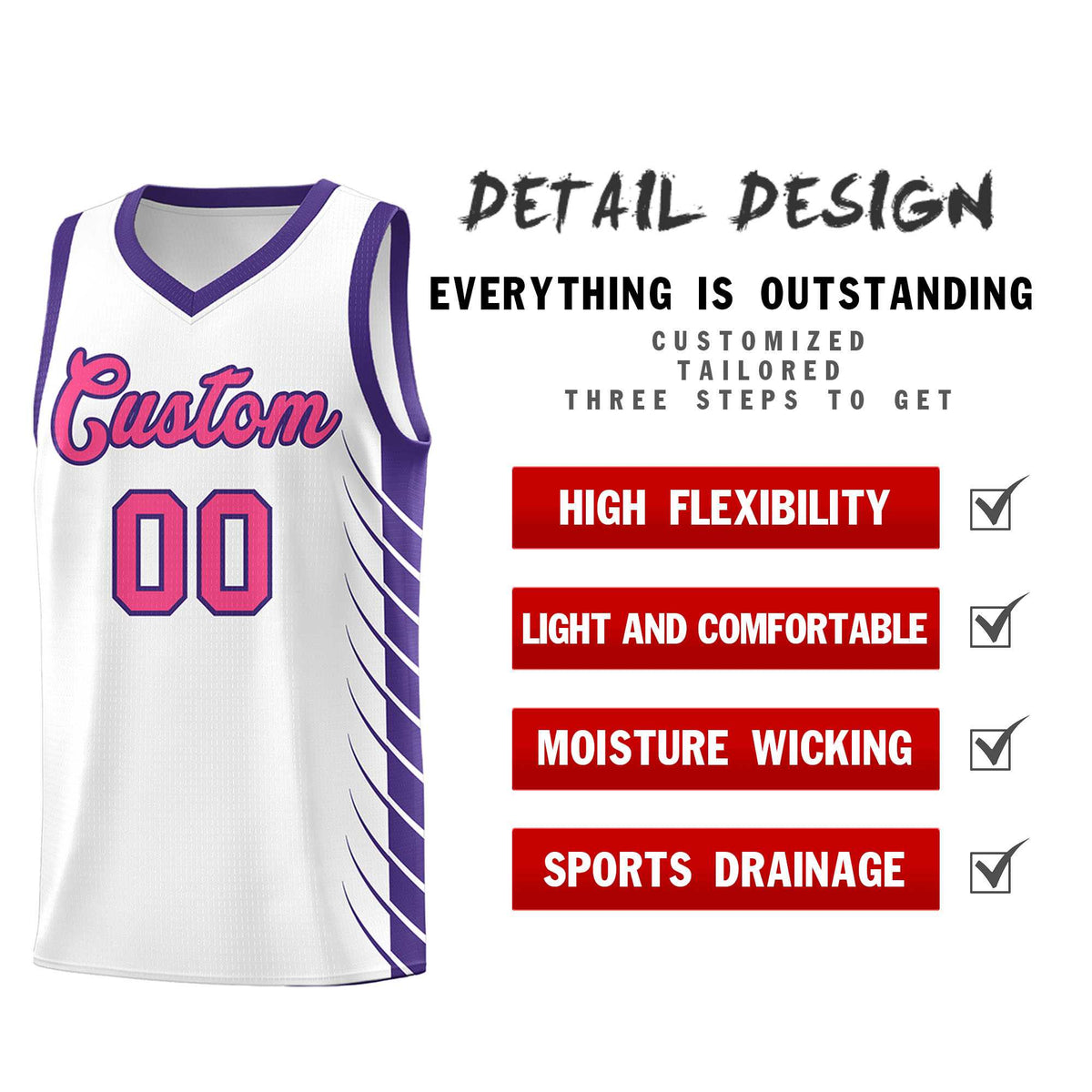 Custom White Purple Personalized Side Symmetrical Line Pattern Sports Uniform Basketball Jersey| KXKSHOP