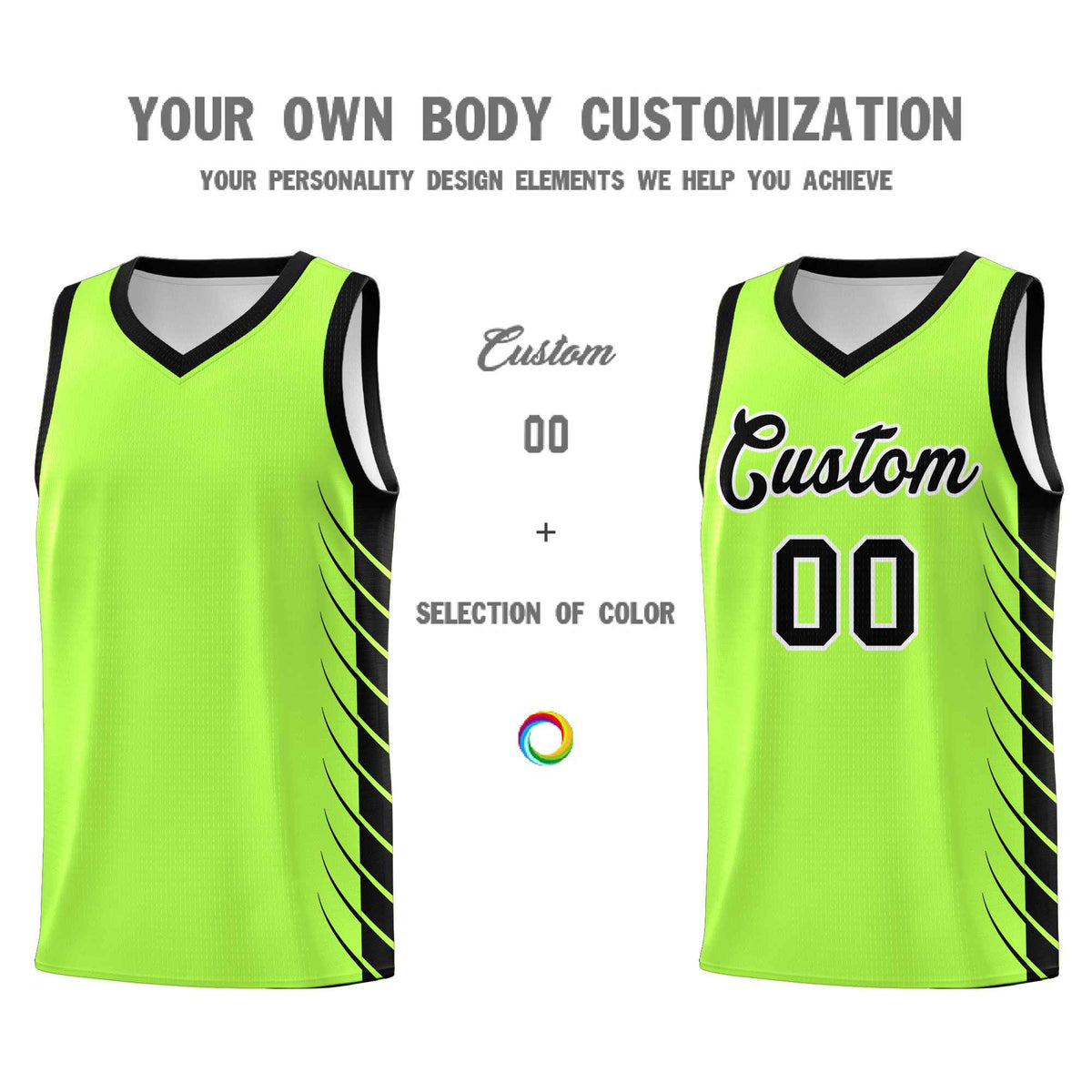 Custom Fluorescent Green Black Personalized Side Symmetrical Line Pattern Sports Uniform Basketball Jersey| KXKSHOP