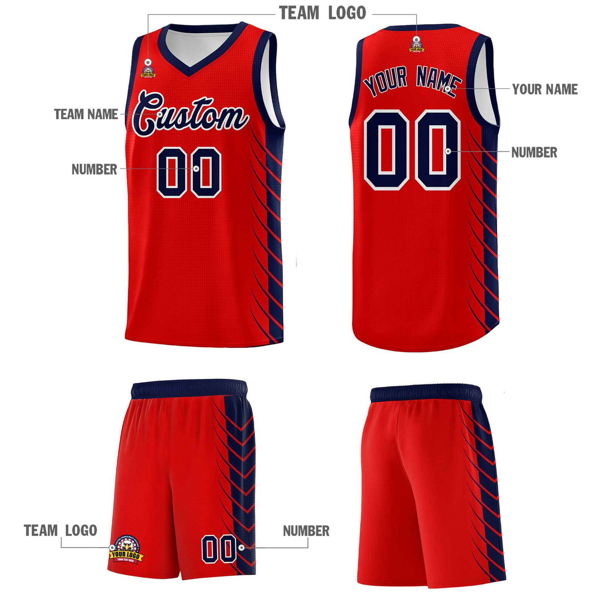 Custom Red Navy Personalized Side Symmetrical Line Pattern Sports Uniform Basketball Jersey