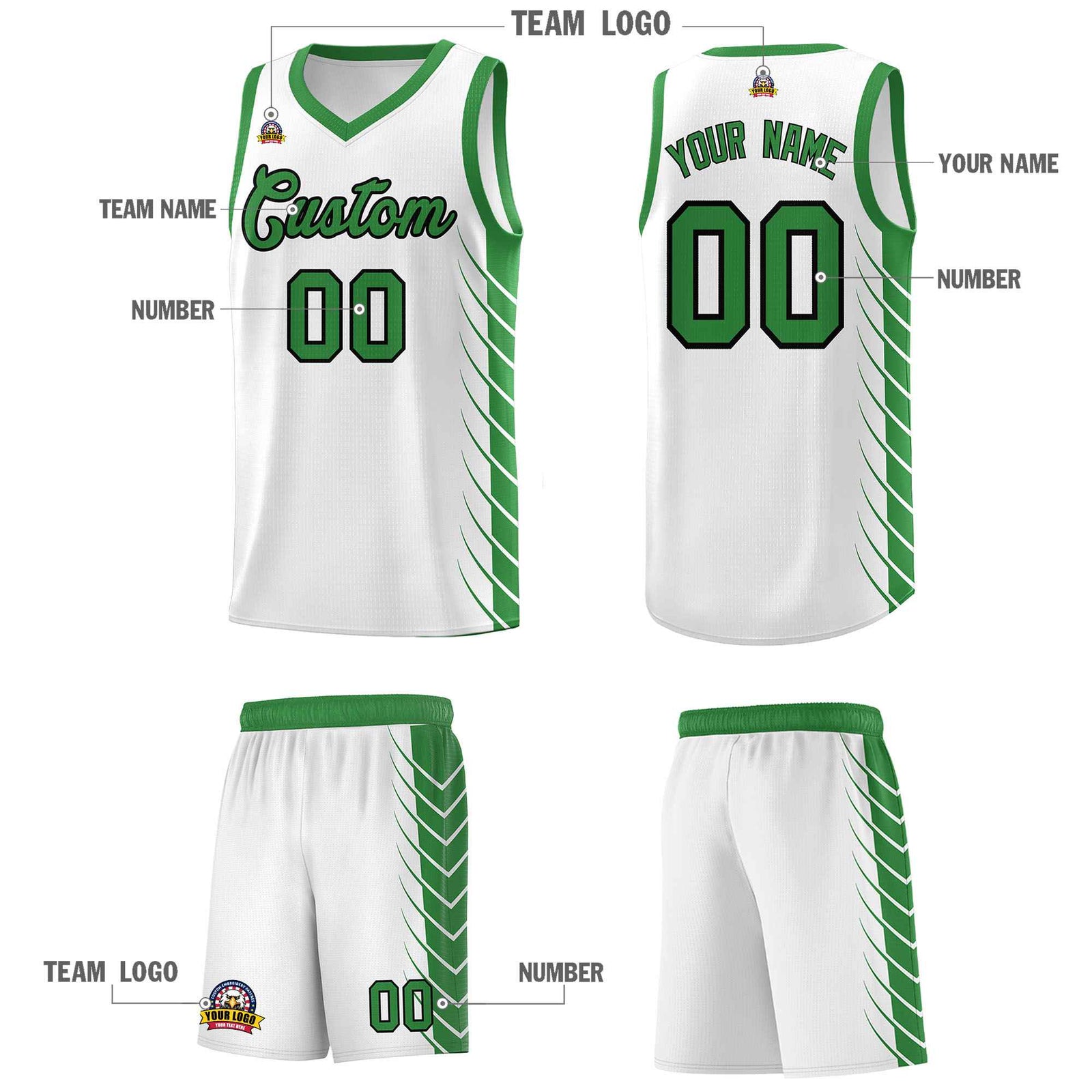 Custom White Kelly Green Personalized Side Symmetrical Line Pattern Sports Uniform Basketball Jersey| KXKSHOP
