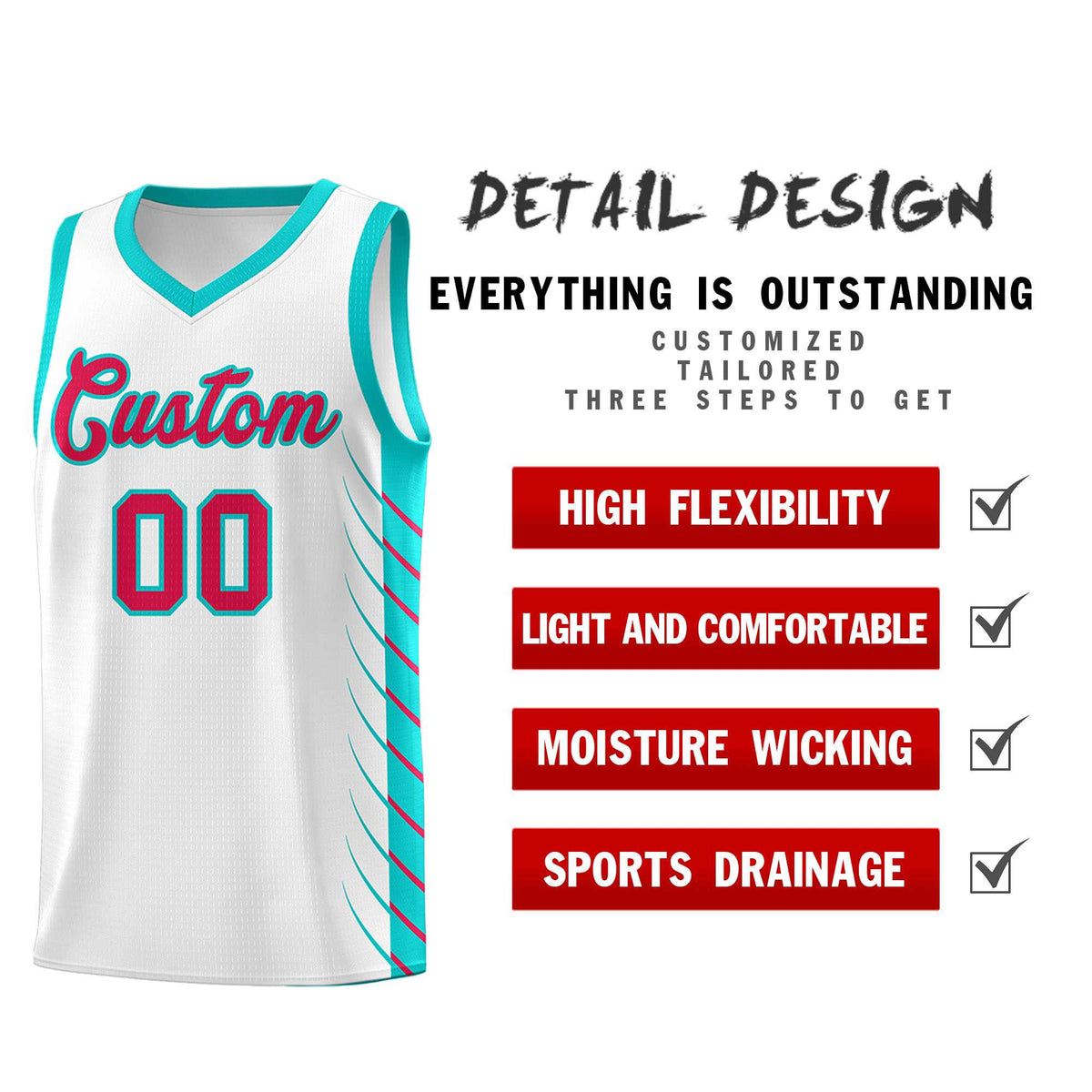 Custom White Aqua Personalized Side Symmetrical Line Pattern Sports Uniform Basketball Jersey| KXKSHOP