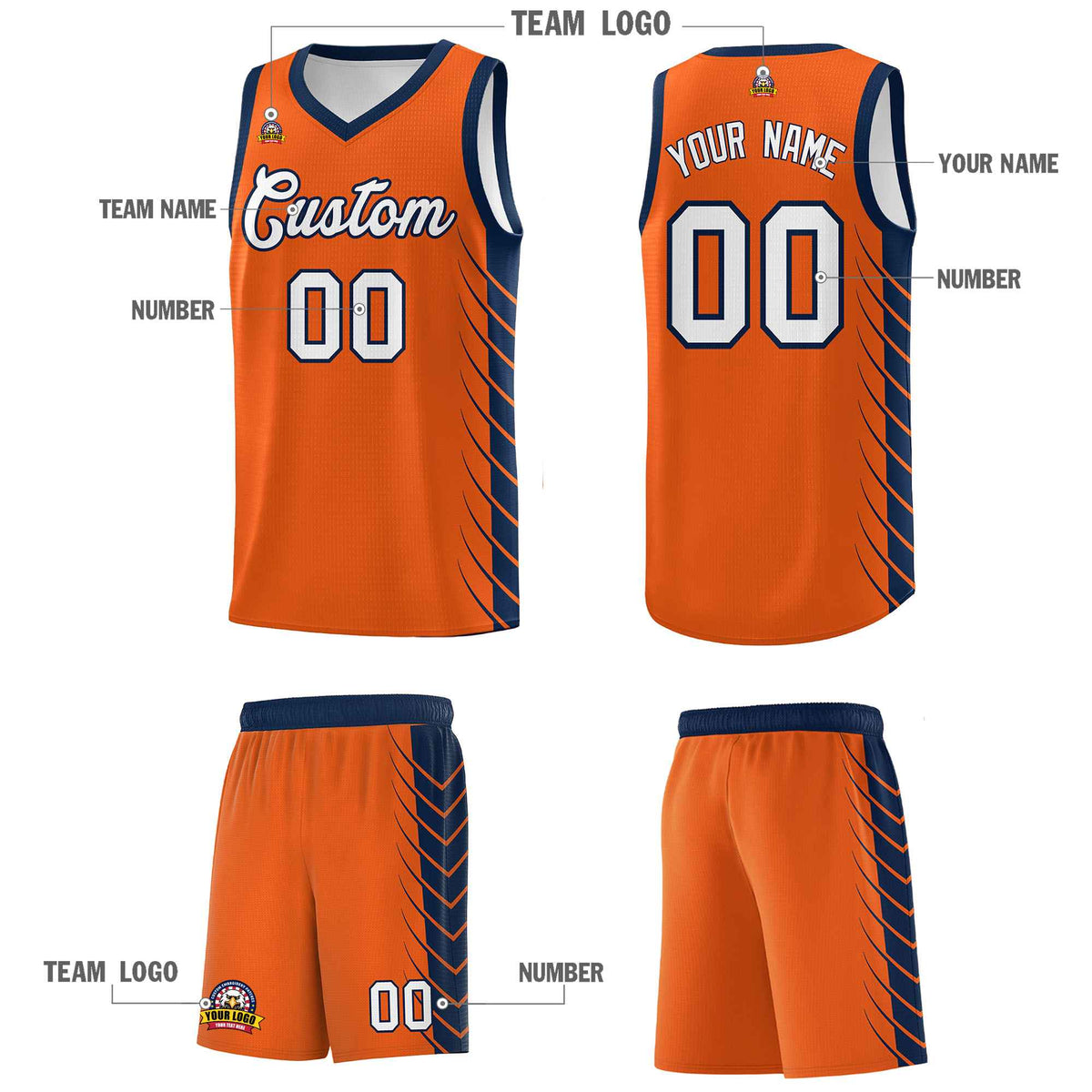 Custom Orange Navy Personalized Side Symmetrical Line Pattern Sports Uniform Basketball Jersey