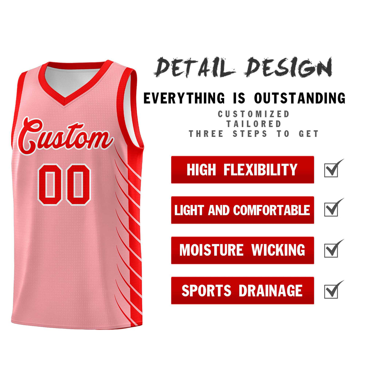 Custom Light Pink Light Red Personalized Side Symmetrical Line Pattern Sports Uniform Basketball Jersey| KXKSHOP