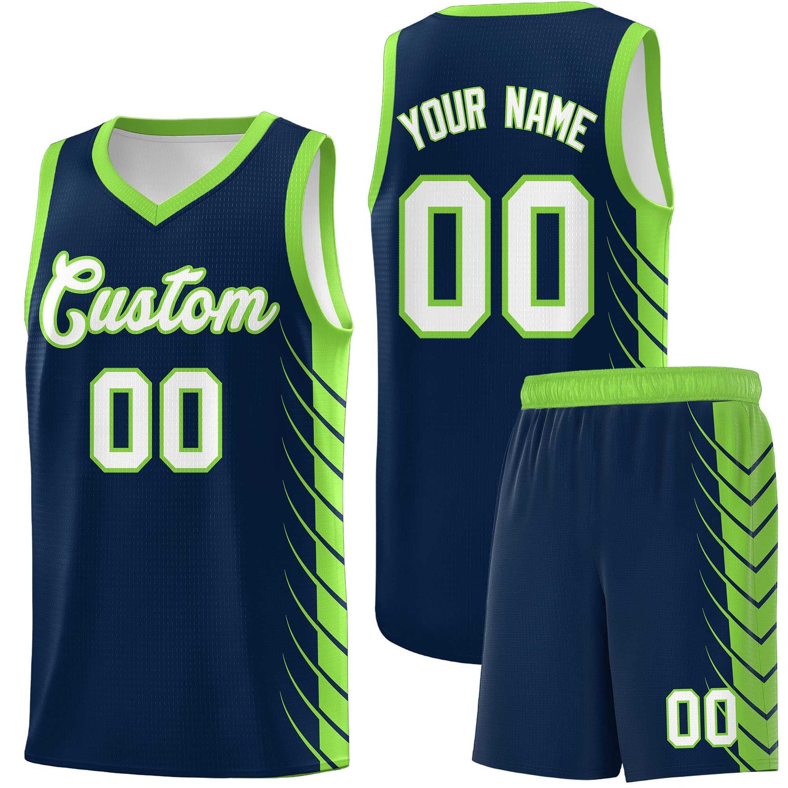Custom Navy Fluorescent Green Personalized Side Symmetrical Line Pattern Sports Uniform Basketball Jersey| KXKSHOP
