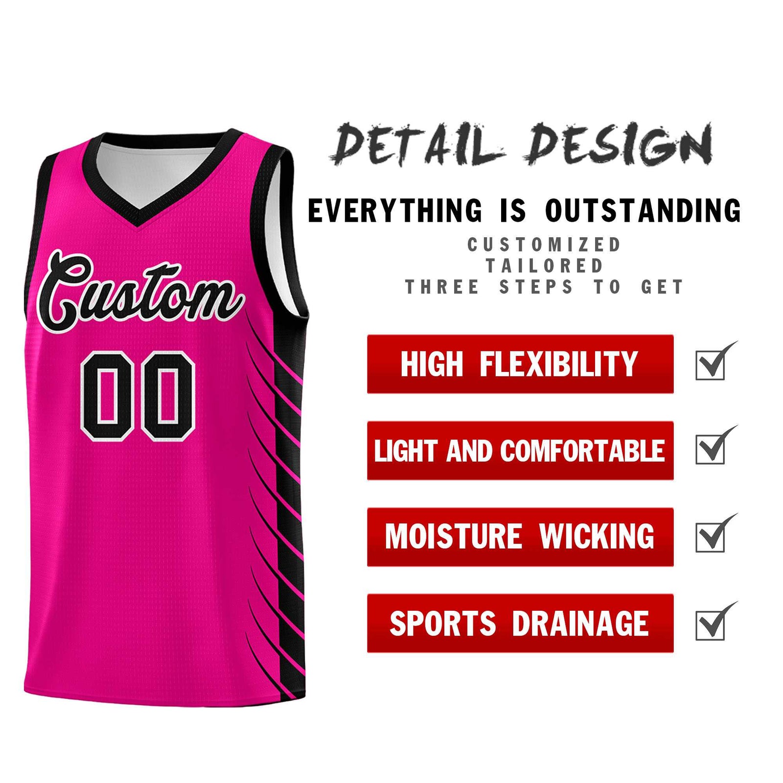 Custom Pink Black Personalized Side Symmetrical Line Pattern Sports Uniform Basketball Jersey| KXKSHOP