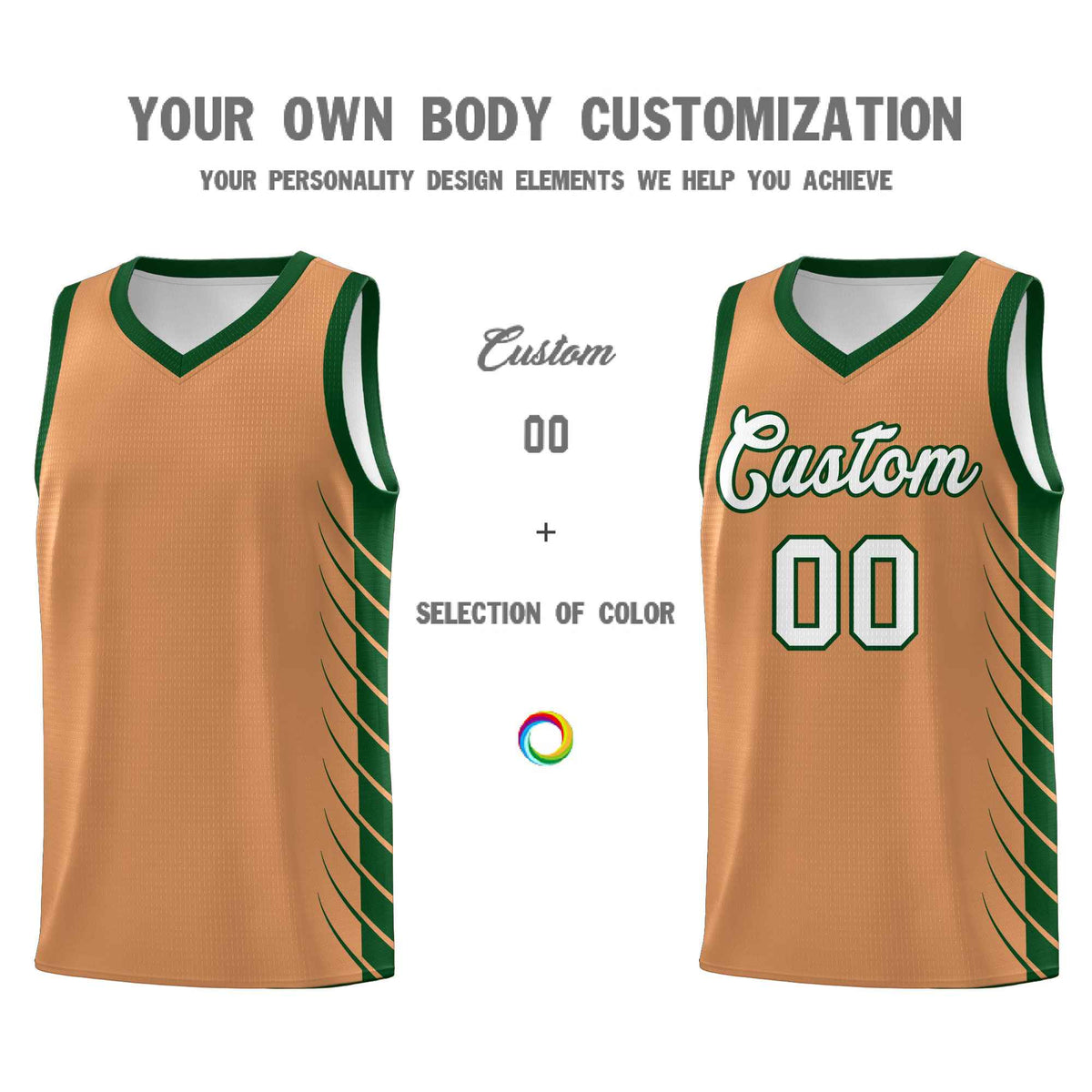 Custom Buckskin Brown Green Personalized Side Symmetrical Line Pattern Sports Uniform Basketball Jersey| KXKSHOP