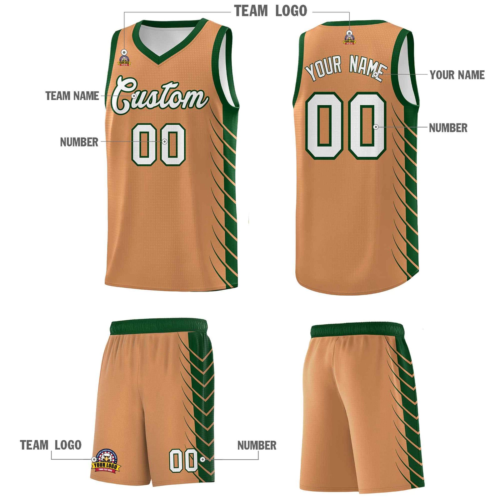 Custom Buckskin Brown Green Personalized Side Symmetrical Line Pattern Sports Uniform Basketball Jersey| KXKSHOP