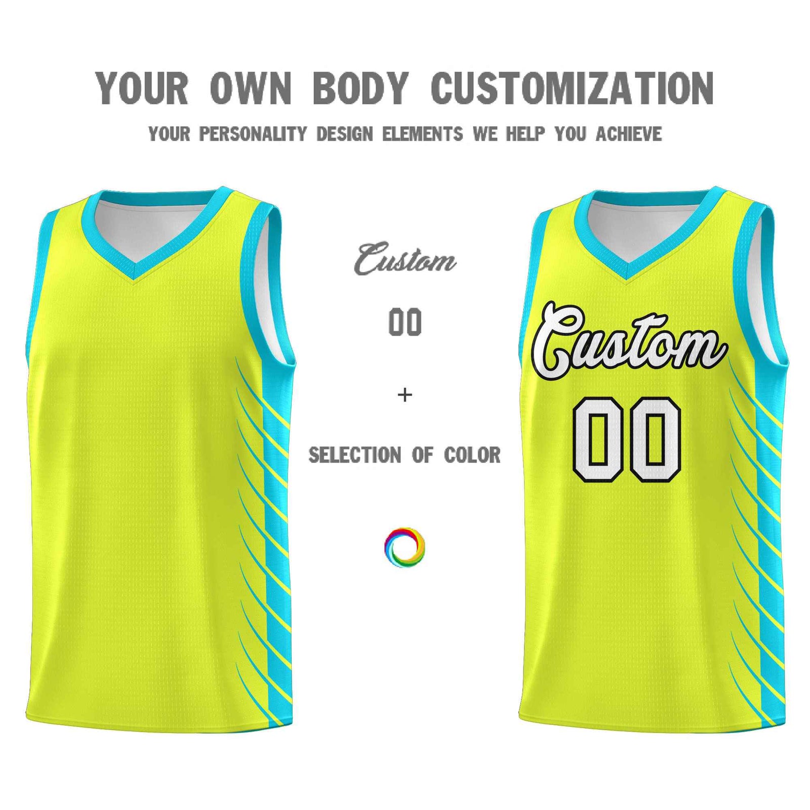 Custom Fluorescent Green Sky Blue Personalized Side Symmetrical Line Pattern Sports Uniform Basketball Jersey| KXKSHOP