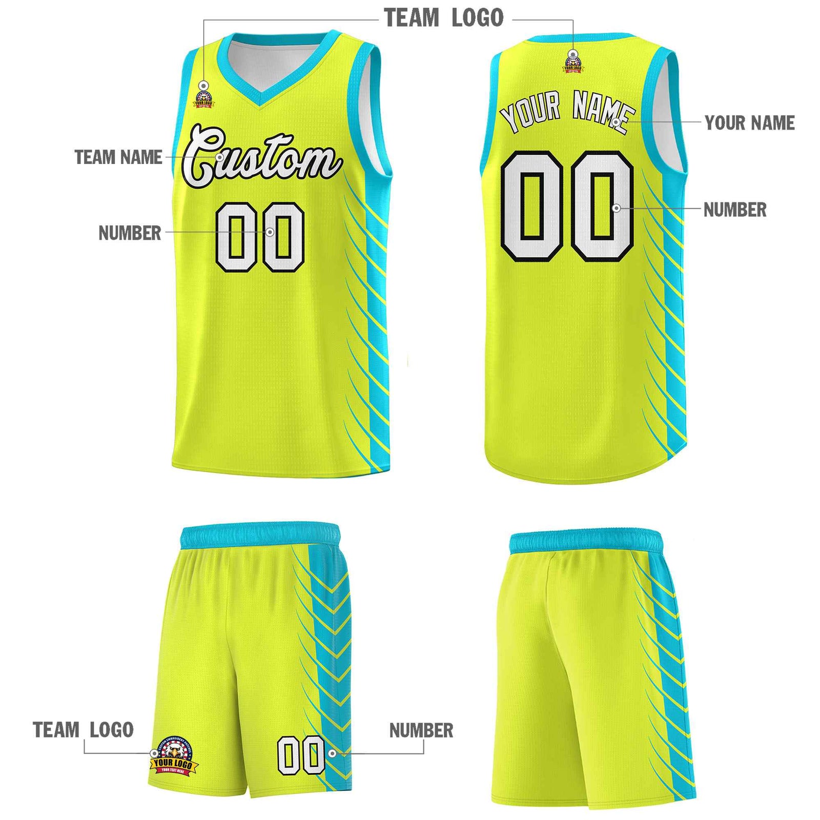 Custom Fluorescent Green Sky Blue Personalized Side Symmetrical Line Pattern Sports Uniform Basketball Jersey