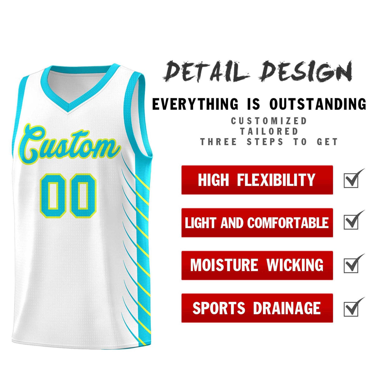 Custom White Sky Blue Personalized Side Symmetrical Line Pattern Sports Uniform Basketball Jersey| KXKSHOP