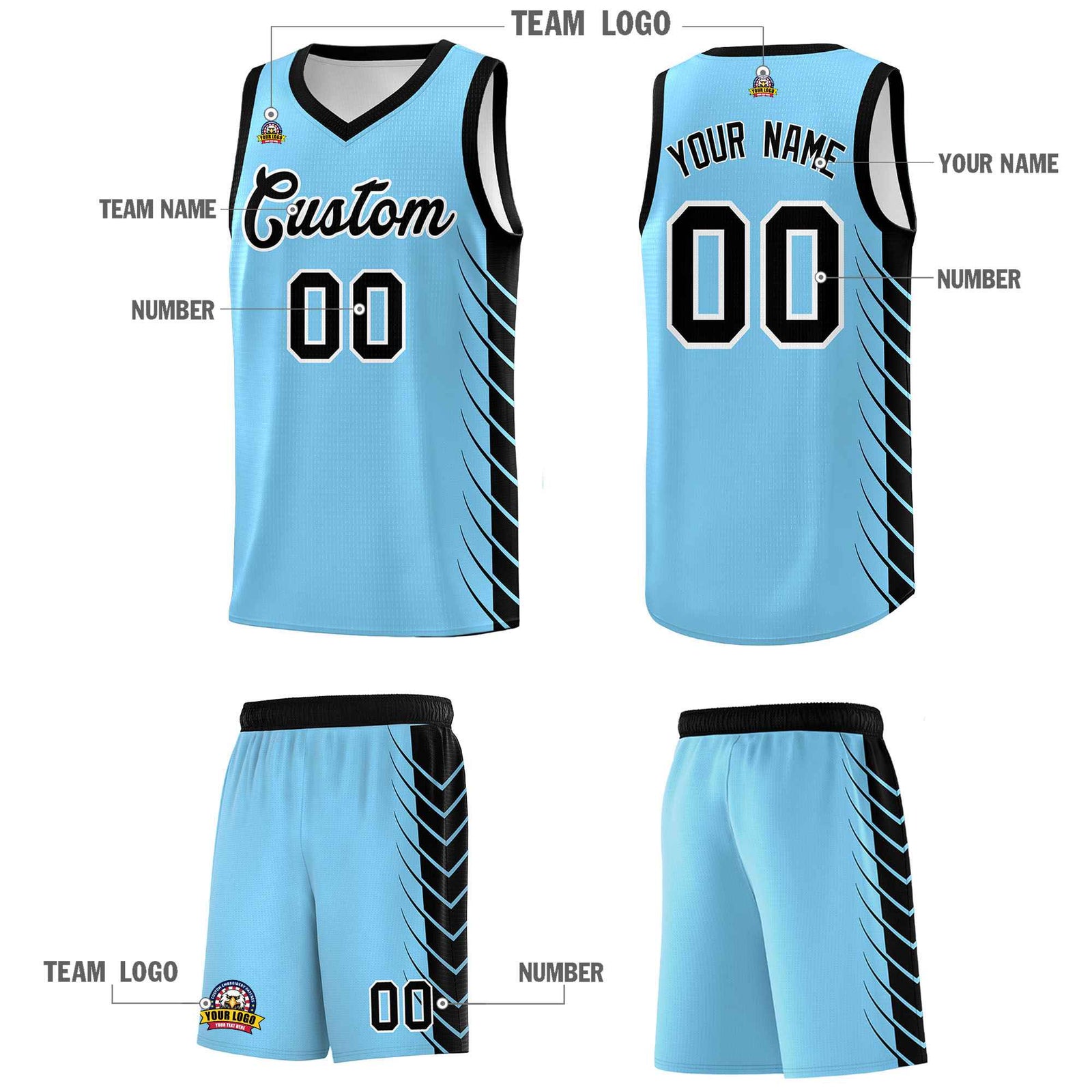 Custom Light Blue Black Personalized Side Symmetrical Line Pattern Sports Uniform Basketball Jersey| KXKSHOP