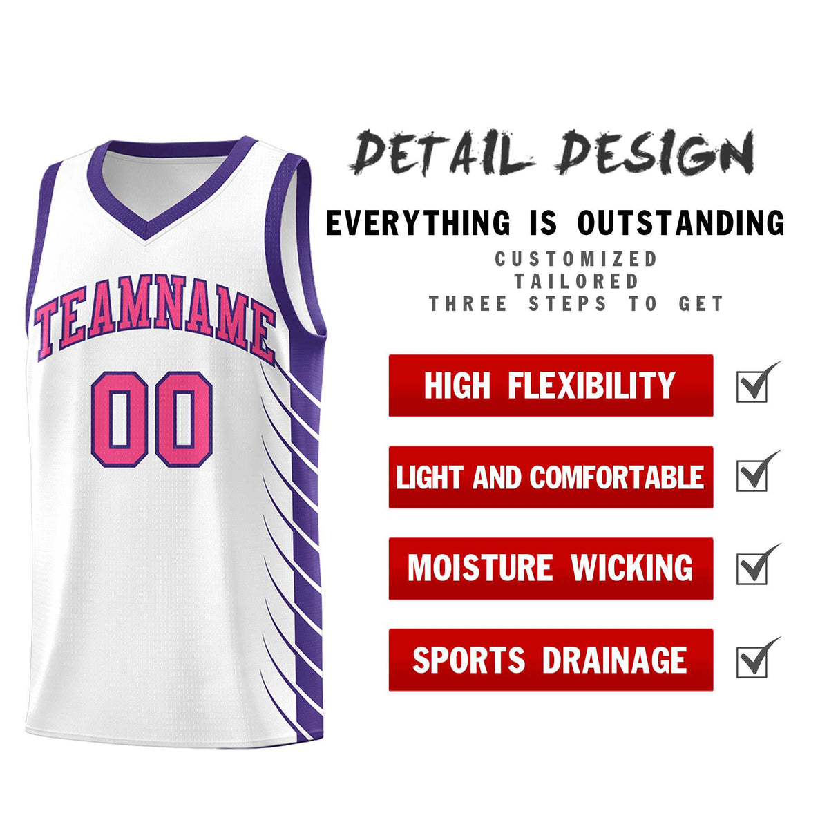 Custom White Purple Personalized Side Symmetrical Line Pattern Sports Uniform Basketball Jersey