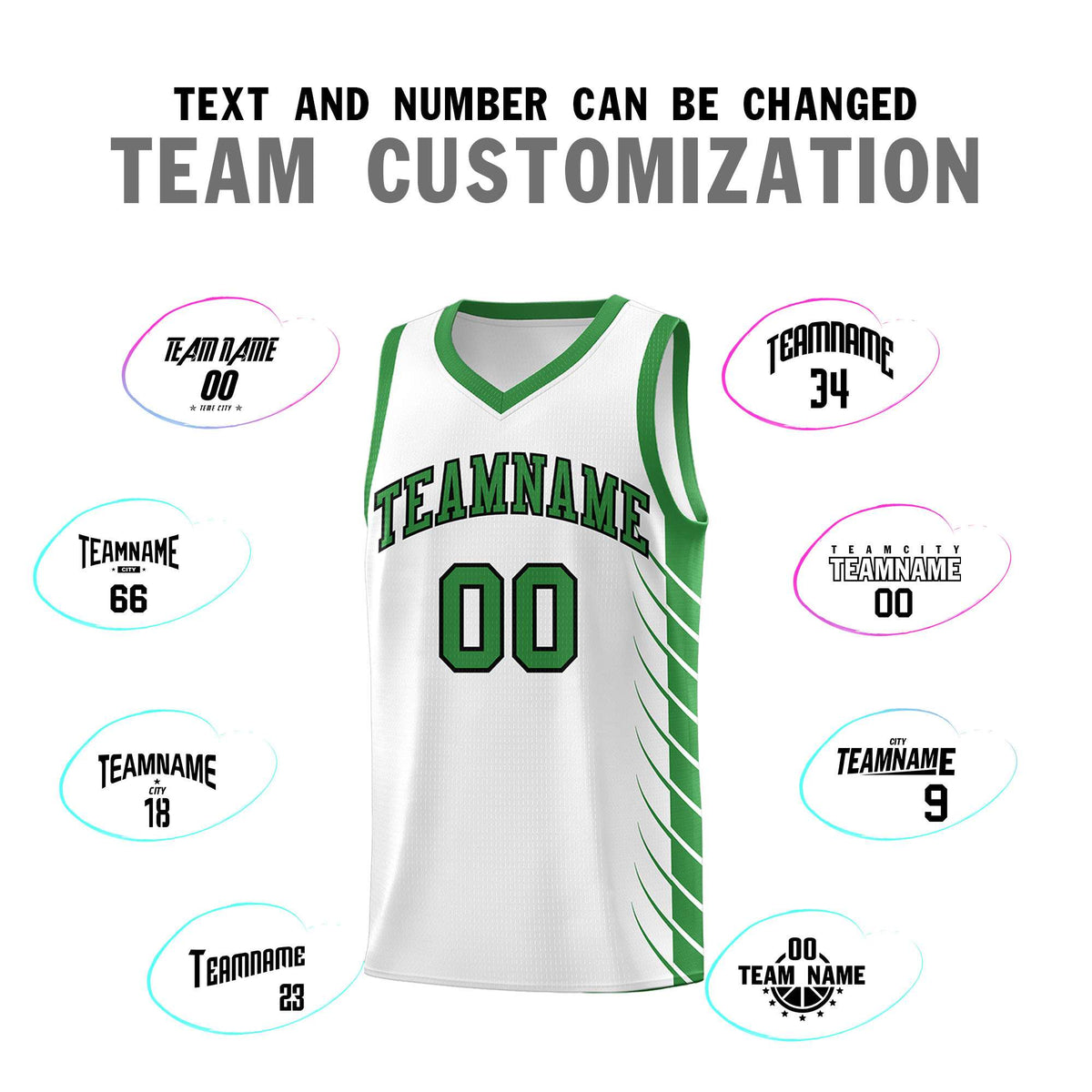 Custom White Kelly Green Personalized Side Symmetrical Line Pattern Sports Uniform Basketball Jersey