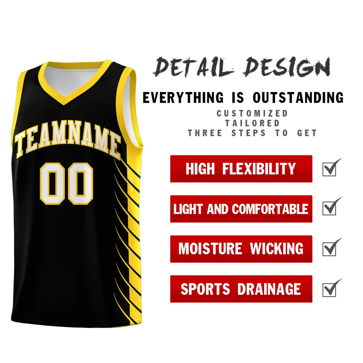 Custom Black Gold Personalized Side Symmetrical Line Pattern Sports Uniform Basketball Jersey