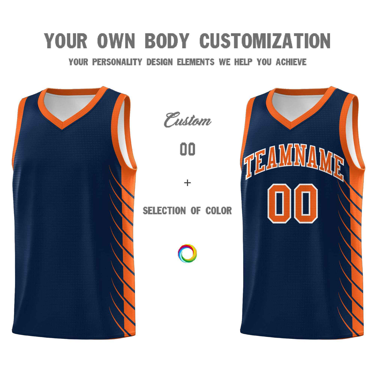Custom Navy Orange Personalized Side Symmetrical Line Pattern Sports Uniform Basketball Jersey