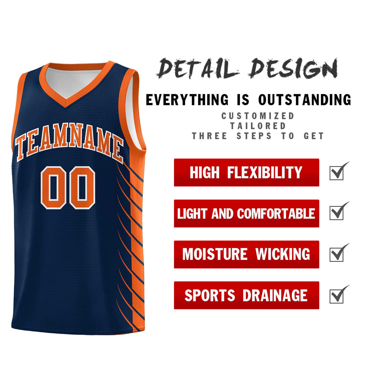 Custom Navy Orange Personalized Side Symmetrical Line Pattern Sports Uniform Basketball Jersey