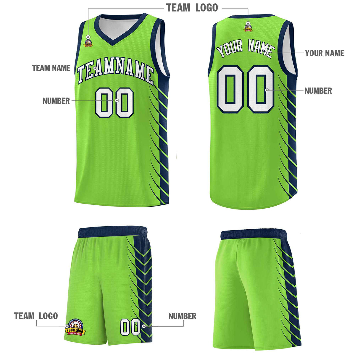 Custom Fluorescent Green Navy Personalized Side Symmetrical Line Pattern Sports Uniform Basketball Jersey