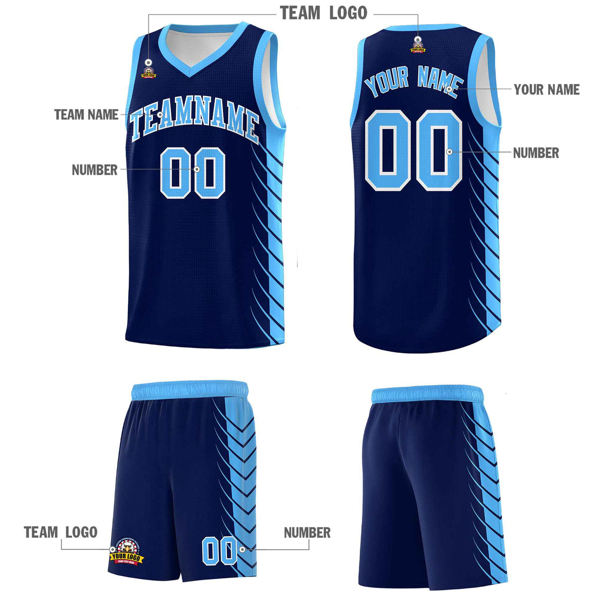 Custom Navy Powder Blue Personalized Side Symmetrical Line Pattern Sports Uniform Basketball Jersey