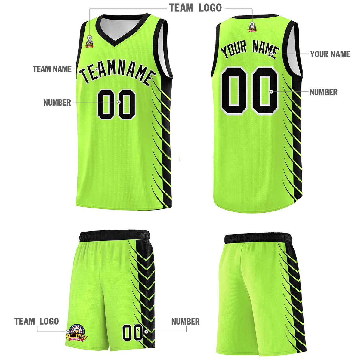 Custom Fluorescent Green Black Personalized Side Symmetrical Line Pattern Sports Uniform Basketball Jersey