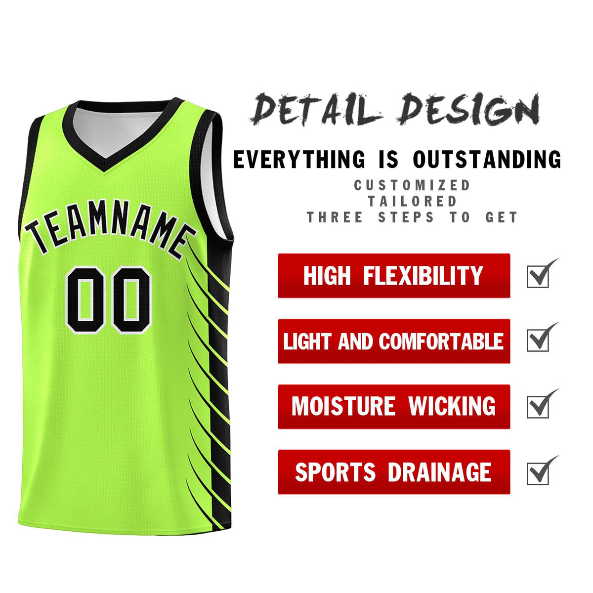 Custom Fluorescent Green Black Personalized Side Symmetrical Line Pattern Sports Uniform Basketball Jersey