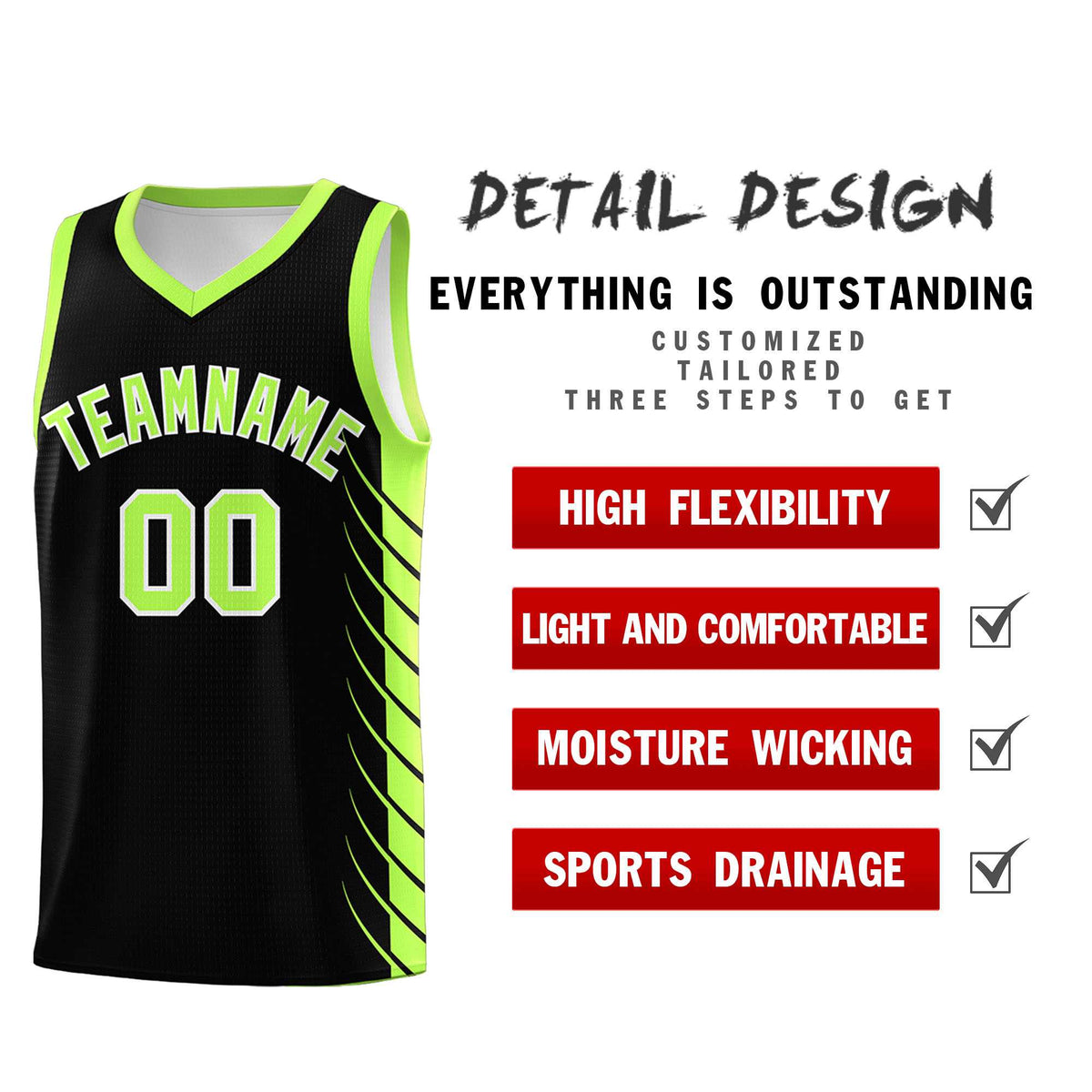 Custom Black Fluorescent Green Personalized Side Symmetrical Line Pattern Sports Uniform Basketball Jersey