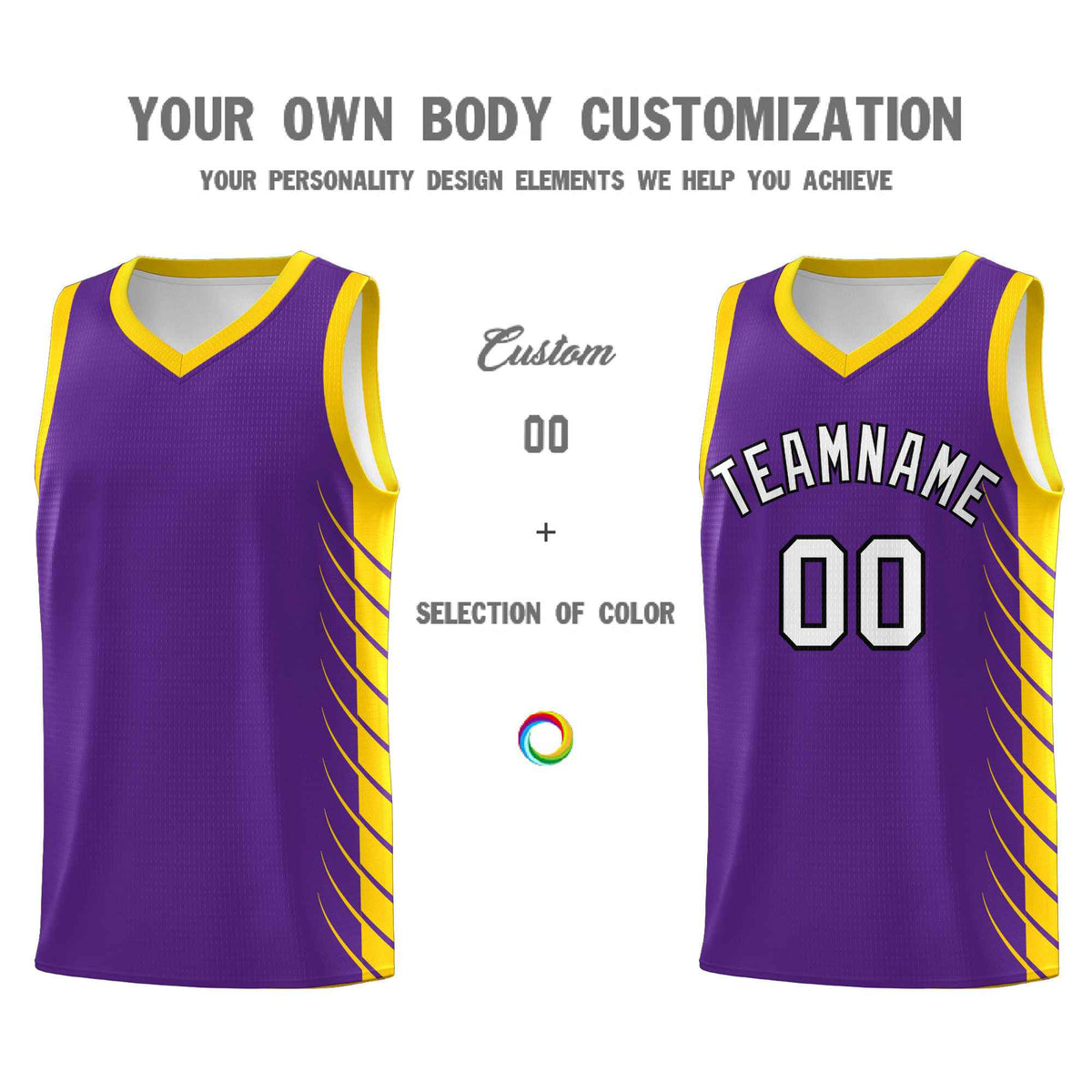 Custom Purple Gold Personalized Side Symmetrical Line Pattern Sports Uniform Basketball Jersey