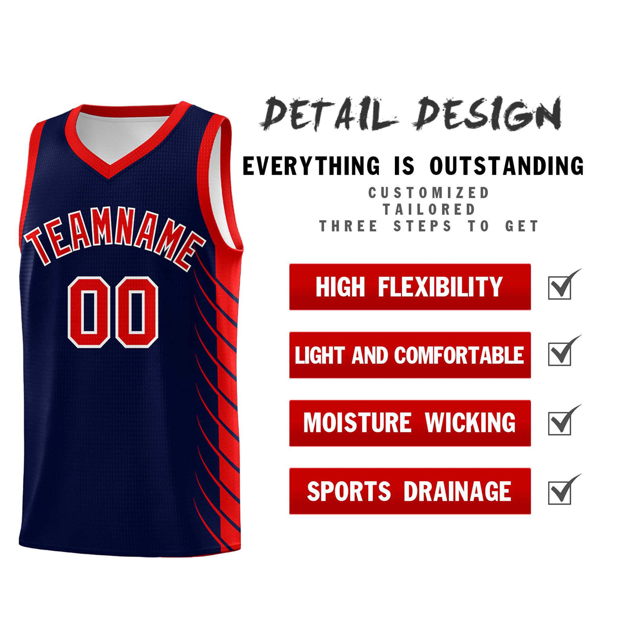 Custom Navy Red Personalized Side Symmetrical Line Pattern Sports Uniform Basketball Jersey
