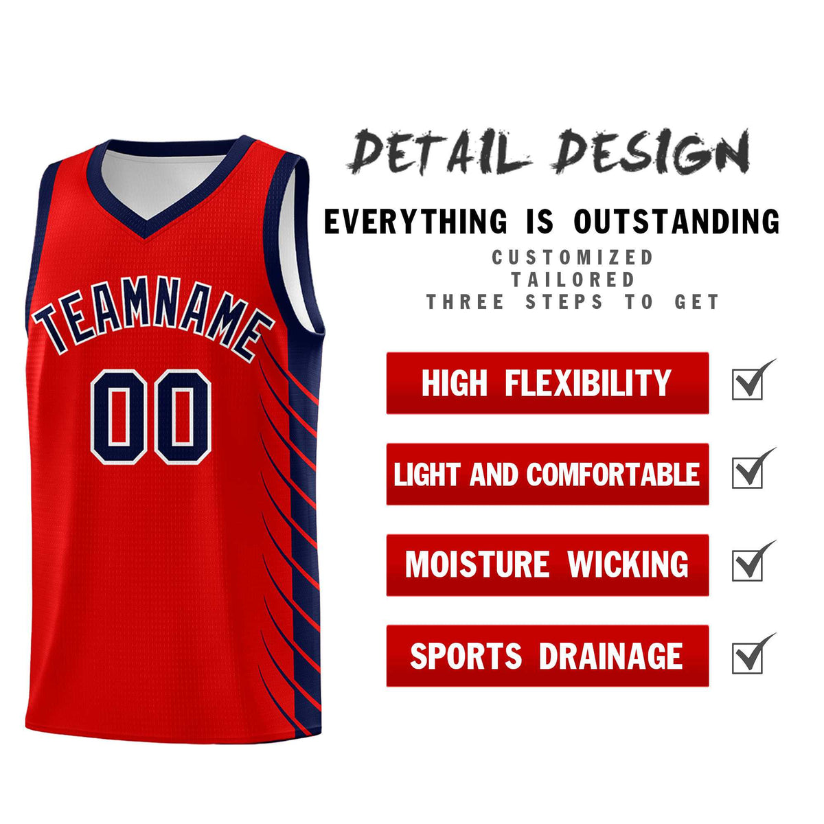 Custom Red Navy Personalized Side Symmetrical Line Pattern Sports Uniform Basketball Jersey