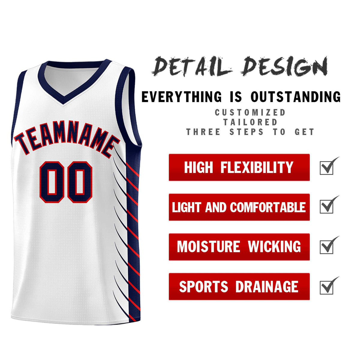 Custom White Navy Personalized Side Symmetrical Line Pattern Sports Uniform Basketball Jersey