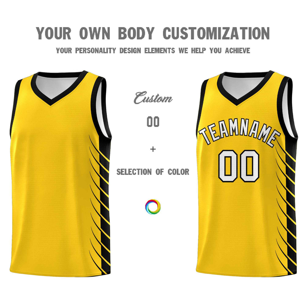 Custom Gold Black Personalized Side Symmetrical Line Pattern Sports Uniform Basketball Jersey