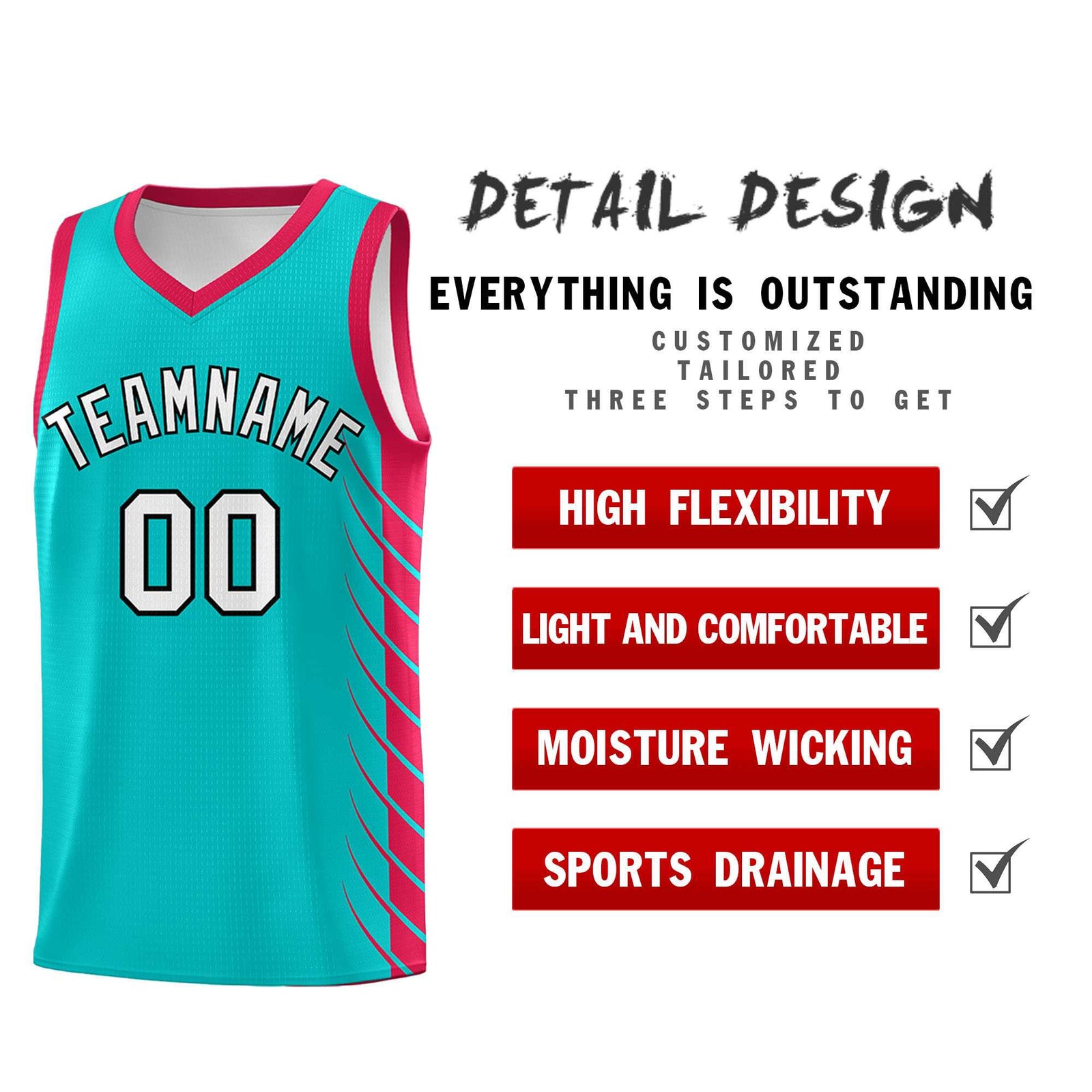Custom Aqua Red Personalized Side Symmetrical Line Pattern Sports Uniform Basketball Jersey