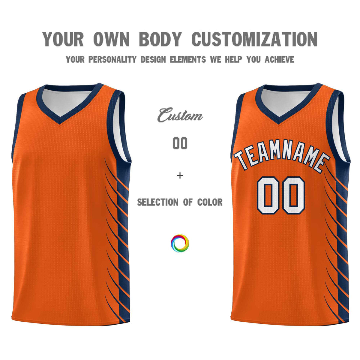 Custom Orange Navy Personalized Side Symmetrical Line Pattern Sports Uniform Basketball Jersey