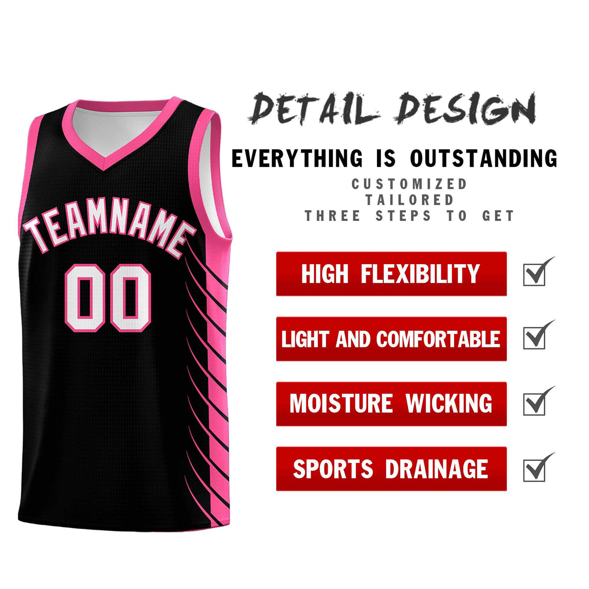 Custom Black Pink Personalized Side Symmetrical Line Pattern Sports Uniform Basketball Jersey