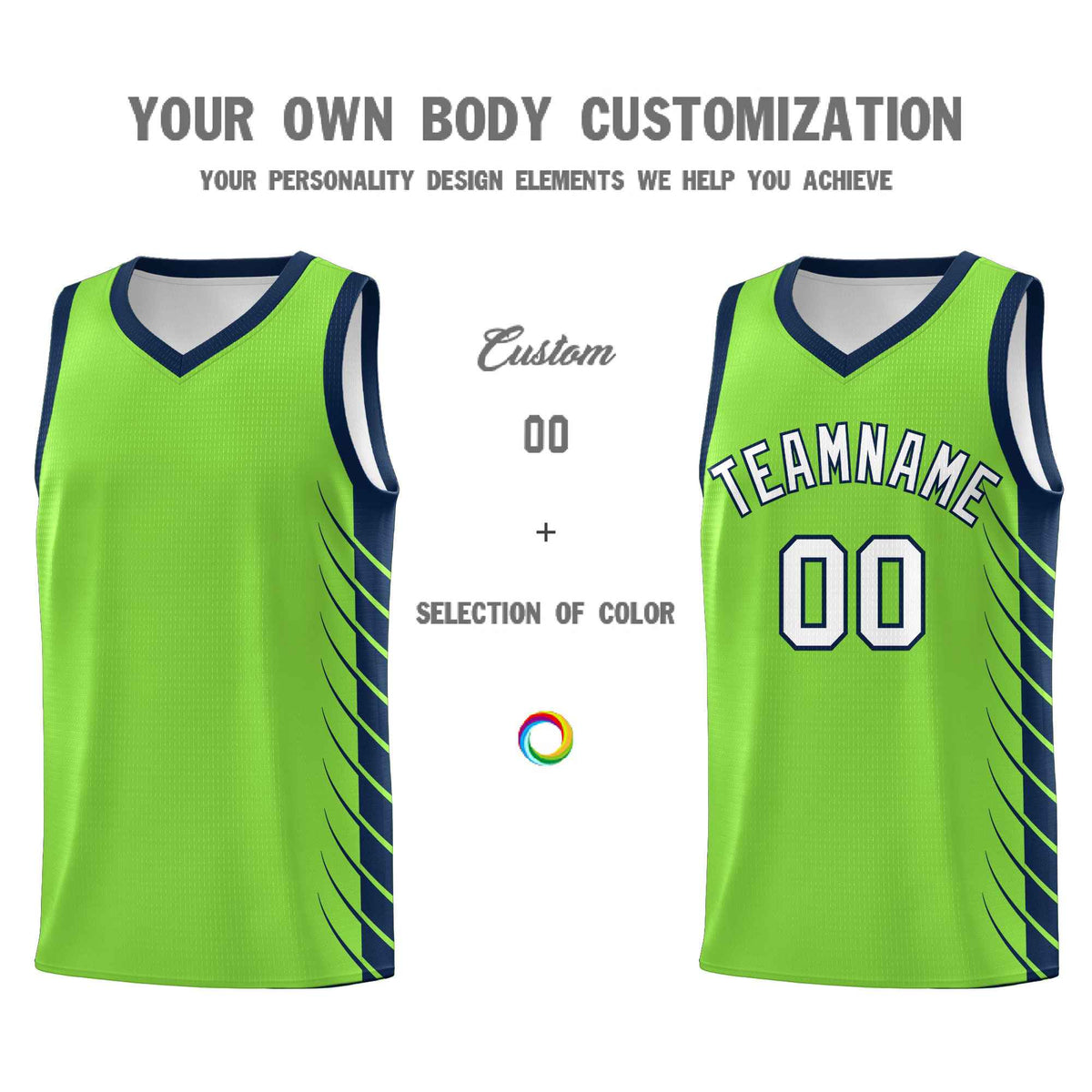Custom Fluorescent Green Navy Personalized Side Symmetrical Line Pattern Sports Uniform Basketball Jersey