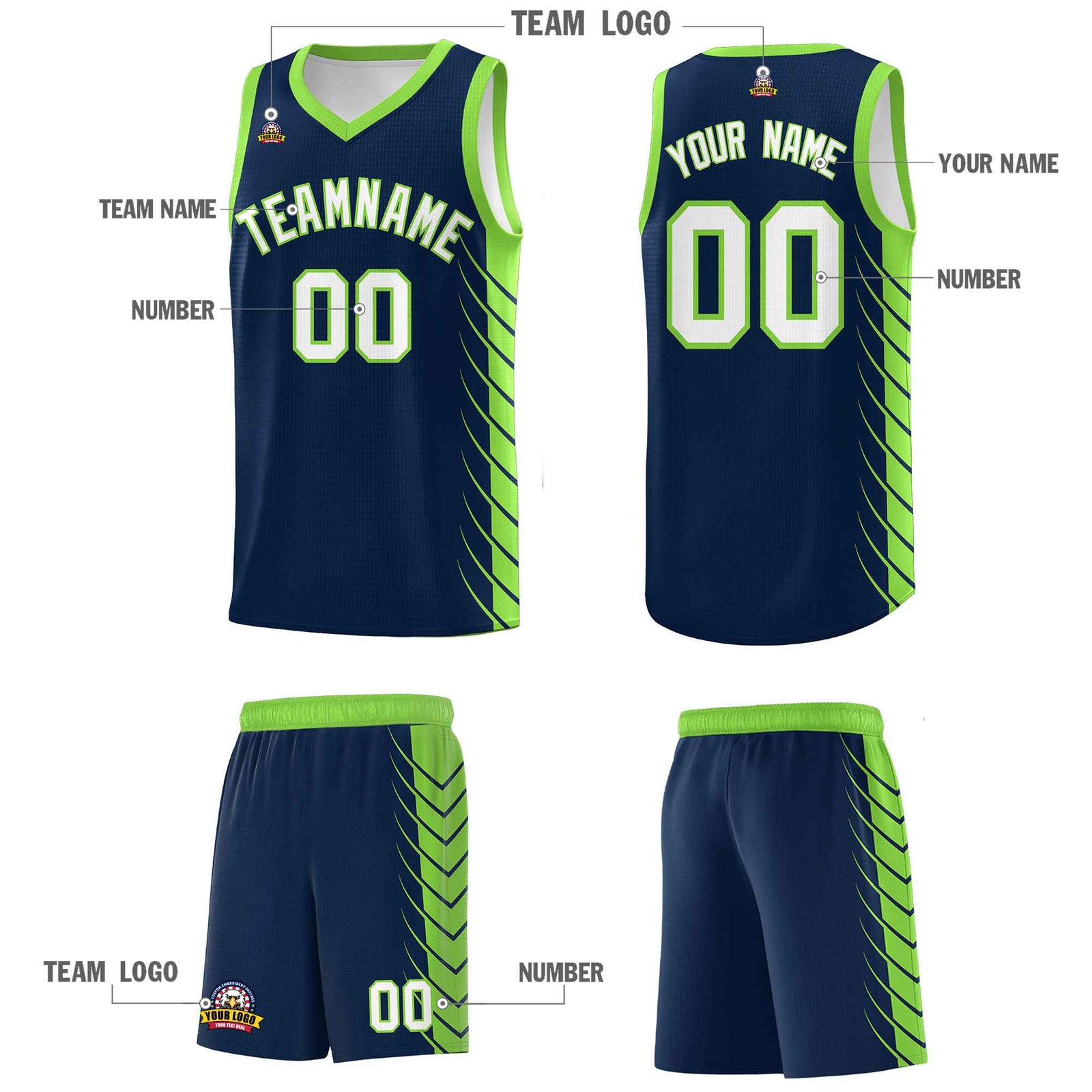 Custom Navy Fluorescent Green Personalized Side Symmetrical Line Pattern Sports Uniform Basketball Jersey