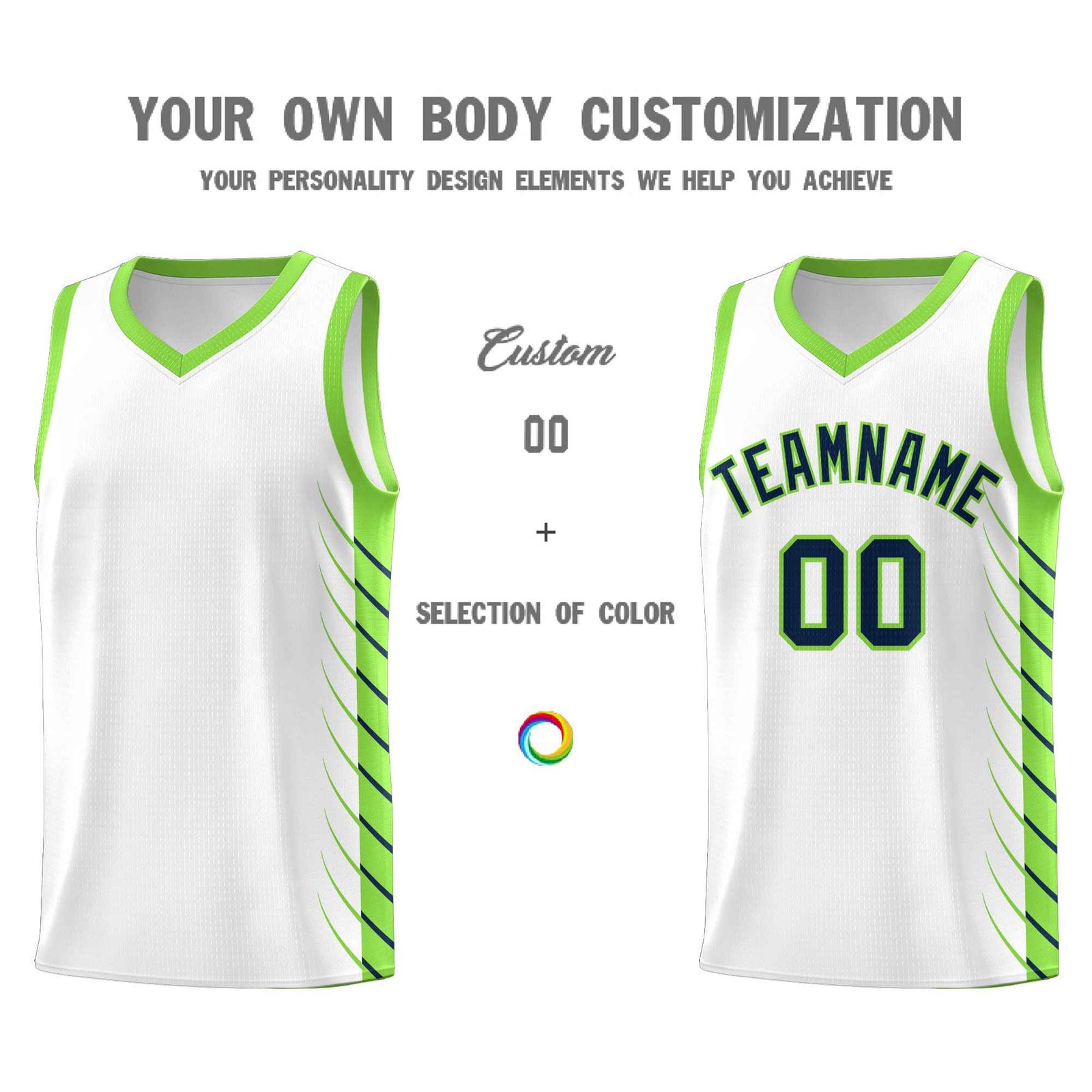 Custom White Fluorescent Green Personalized Side Symmetrical Line Pattern Sports Uniform Basketball Jersey