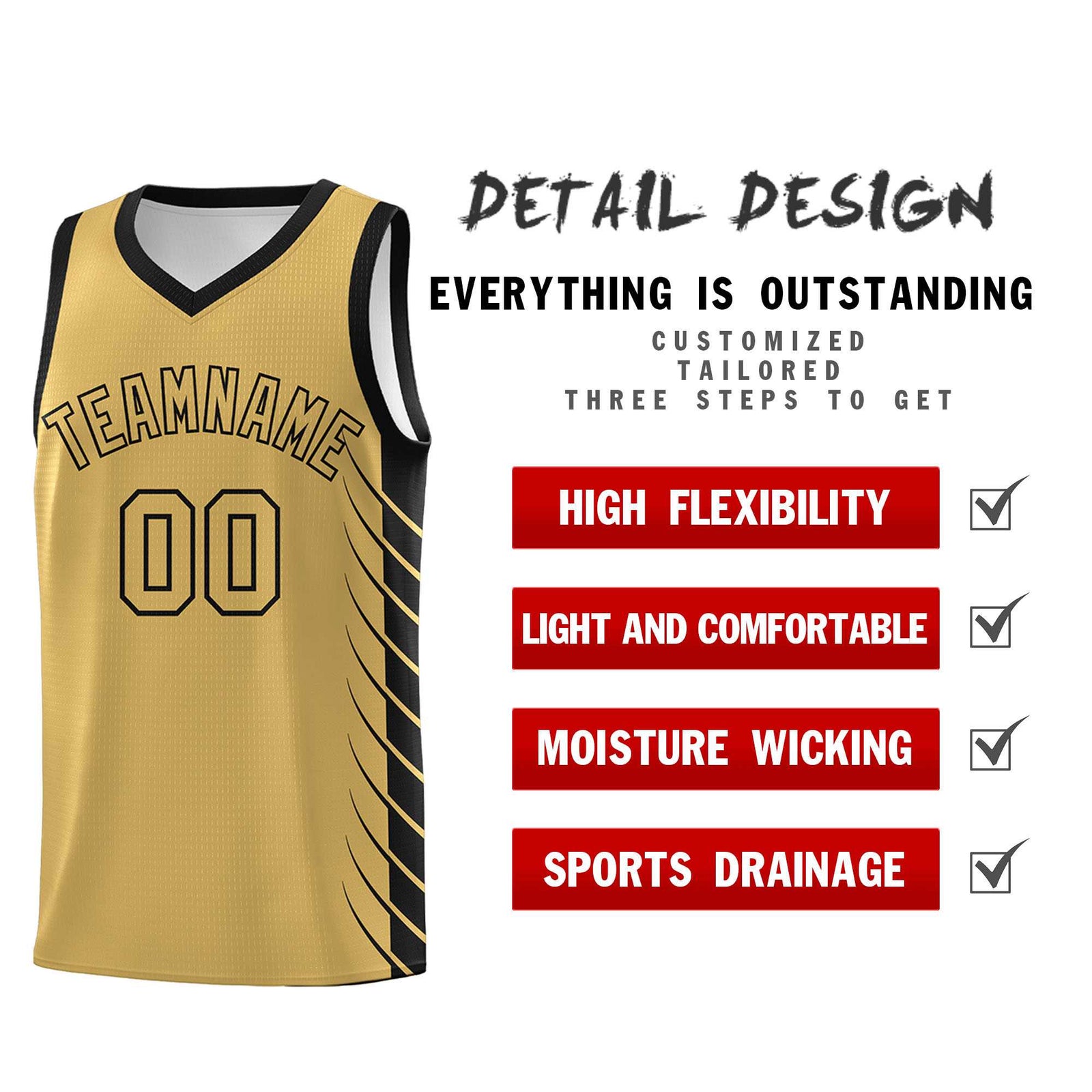 Custom Old Gold Black Personalized Side Symmetrical Line Pattern Sports Uniform Basketball Jersey