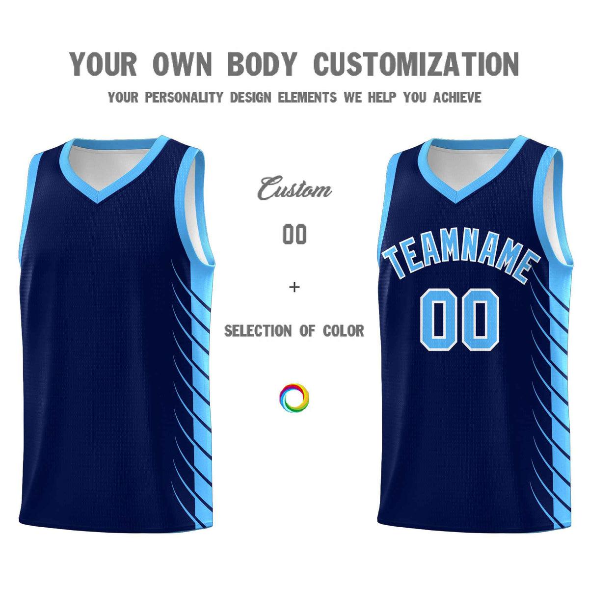 Custom Navy Powder Blue Personalized Side Symmetrical Line Pattern Sports Uniform Basketball Jersey