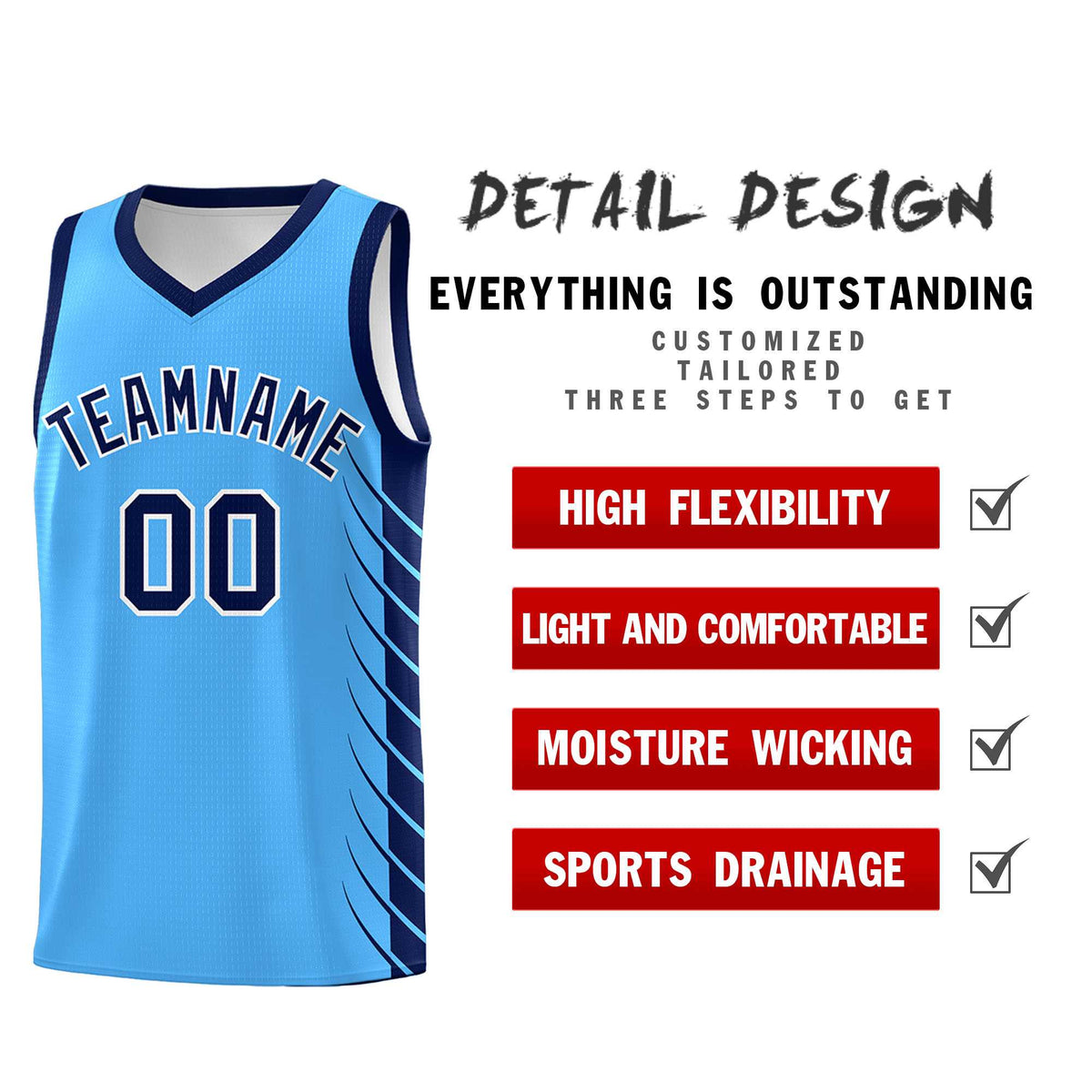 Custom Powder Blue Navy Personalized Side Symmetrical Line Pattern Sports Uniform Basketball Jersey