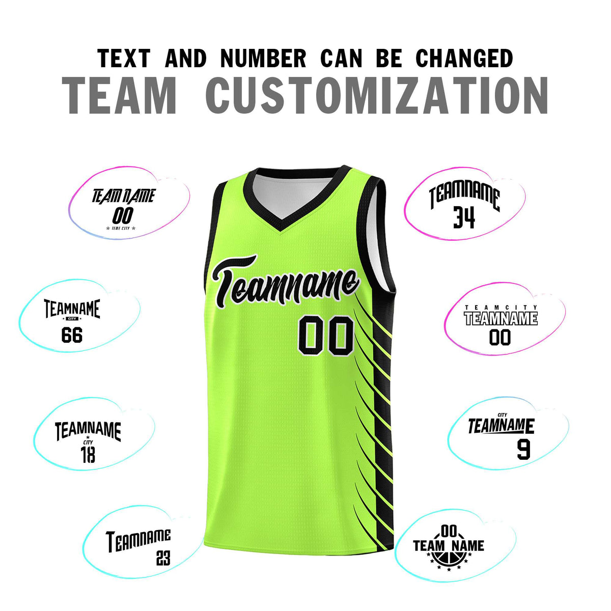Custom Fluorescent Green Black Personalized Side Symmetrical Line Pattern Sports Uniform Basketball Jersey